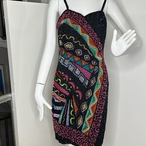 Together! Sz 8 Beaded Multi Color Semi Structured Bodice Zip Dress